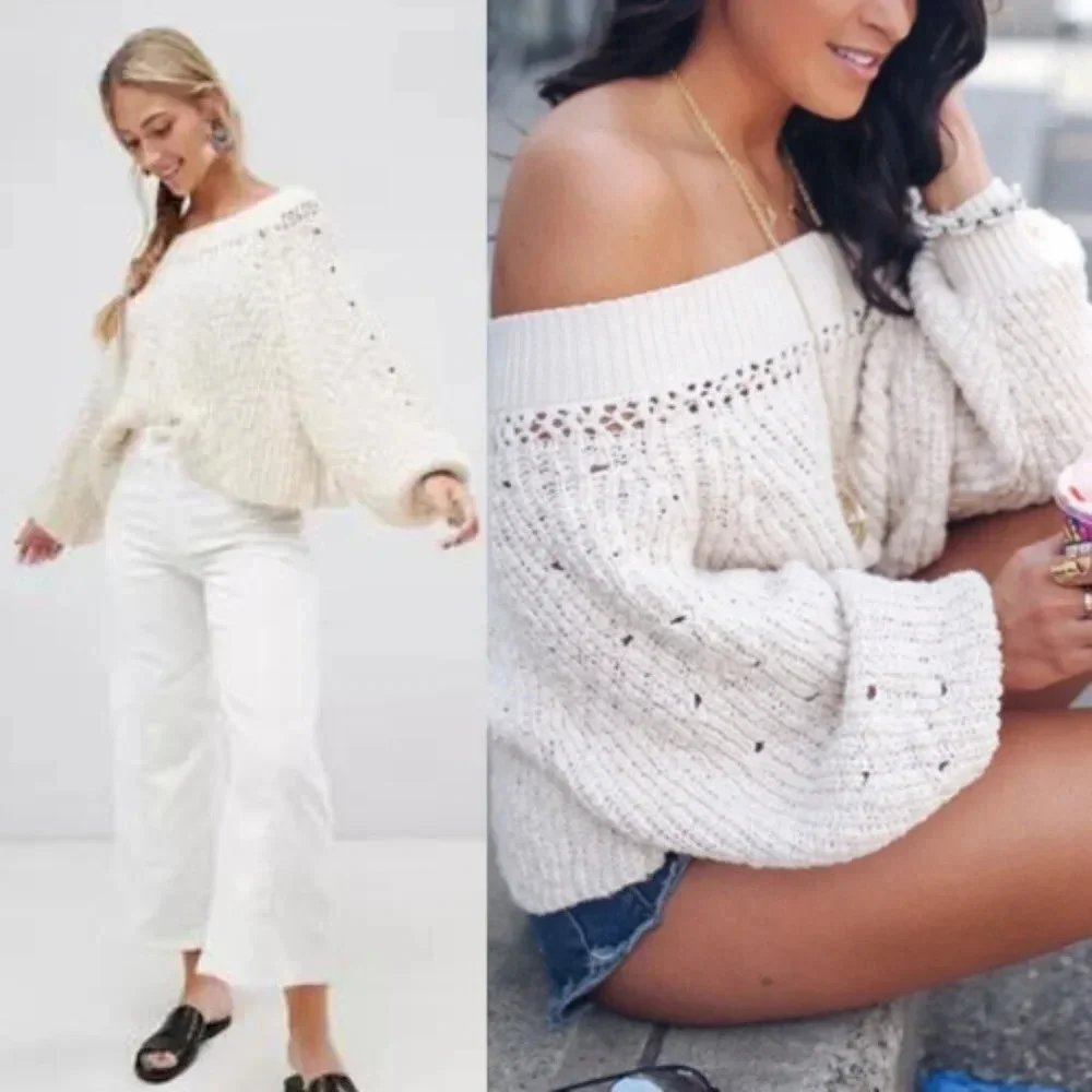 Free People Pandora Chunky Boatneck Sweater Beige 13710